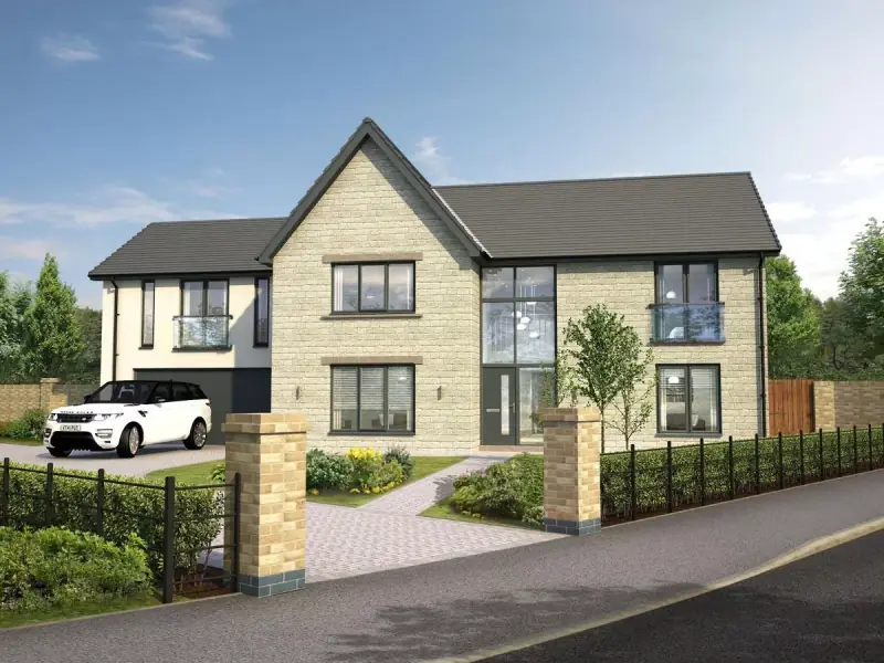 Stone-fronted detached house behind black estate railings