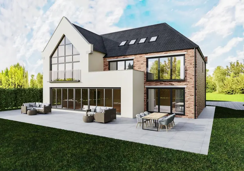 Contemporary house with a glazed gable and patio