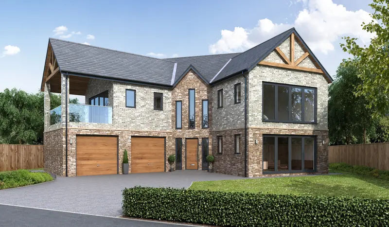 Detached stone and brick house with a double garage