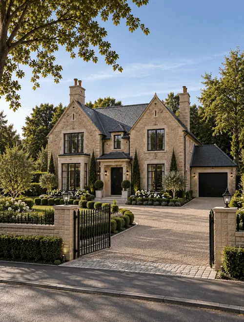 Stone-built house with a gated driveway