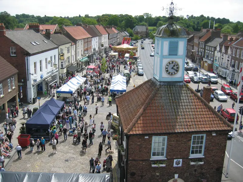 Market day on Yarm High Street beside the town hall