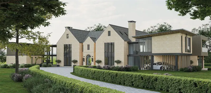 Contemporary stone homes framed by landscaped hedging